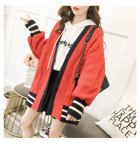 韩版宽松学生拼色中长款百搭外套针织衫2018春秋新款毛衣开衫女装