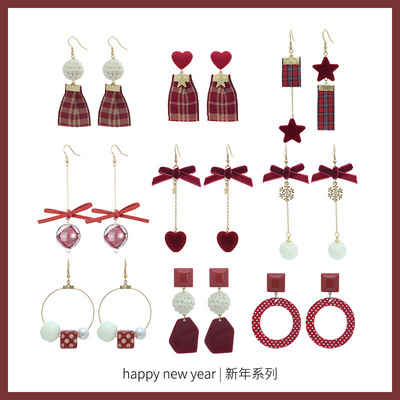 2019春色款复古酒红亚克力耳环蝴蝶结耳坠流苏长款耳饰耳夹女耳钉|ms