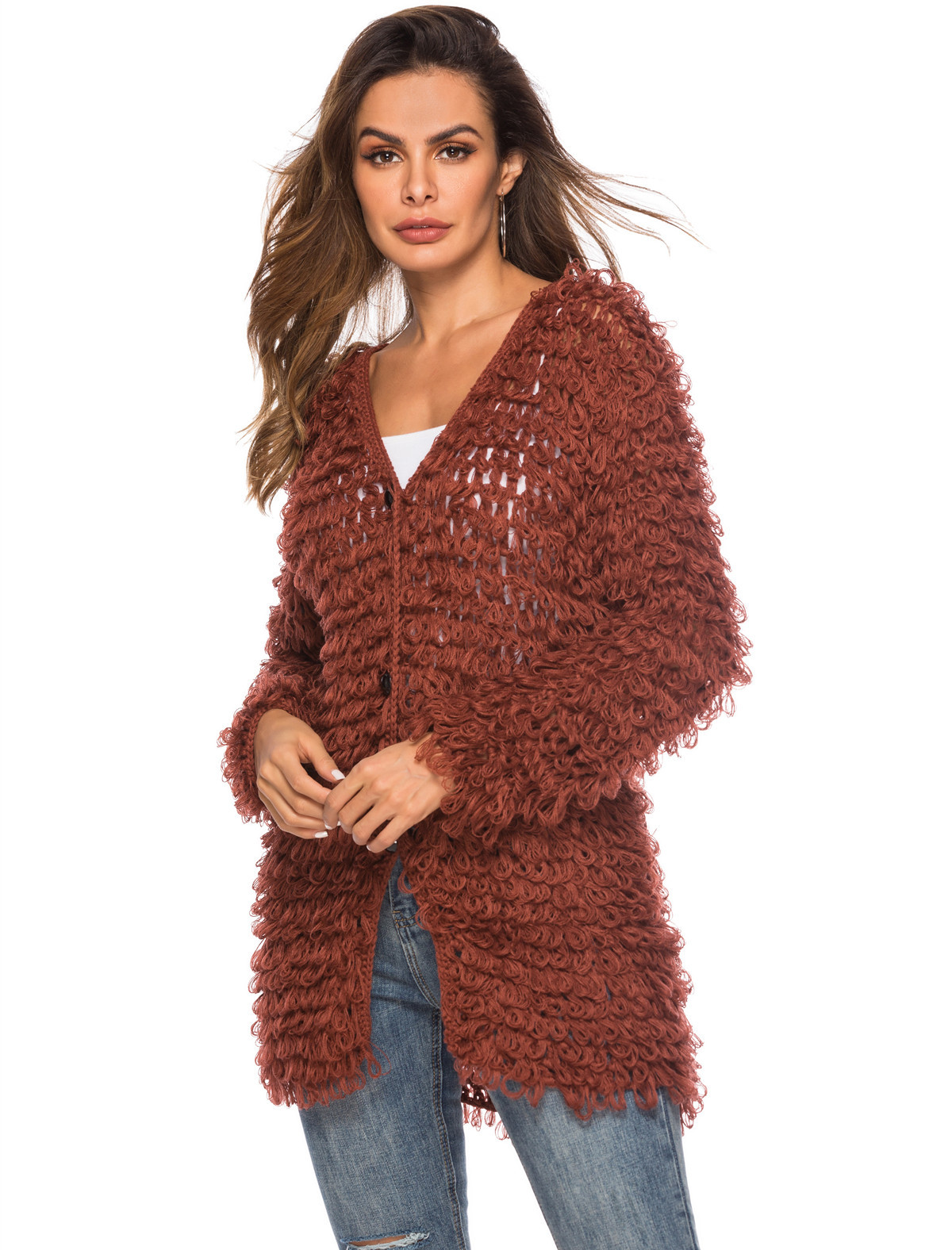 2019新款秋冬款跨境毛衣手勾针织圈圈毛中长款针织衫毛衫女