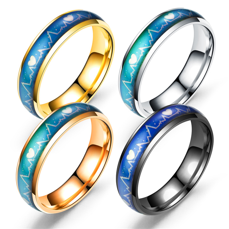 厂家批发18K时尚情侣款钛钢变色心电图感温戒指心情男女对戒指环