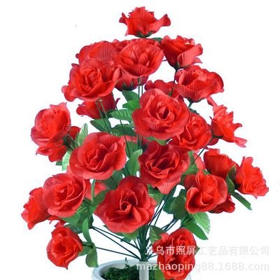 义乌照屏仿真花人造花大束36头迎宾玫36头大月季玫瑰花树批发