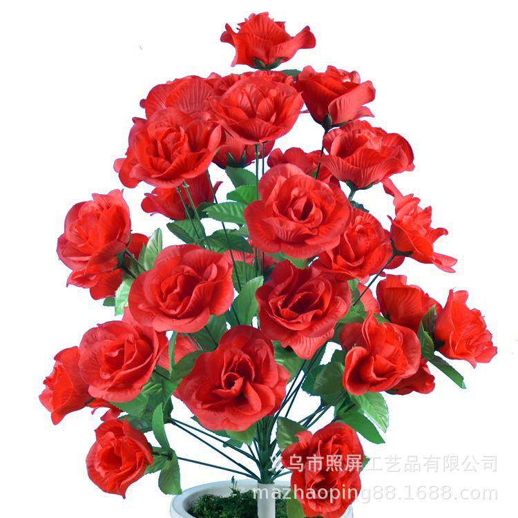 义乌照屏仿真花人造花大束36头迎宾玫36头大月季玫瑰花树批发