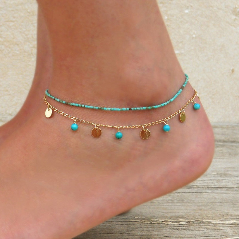 Bohemian style Turquoise Original film double-deck Anklet summer Versatile Popular Foot ornaments lady cool and refreshing Simplicity Foot chain