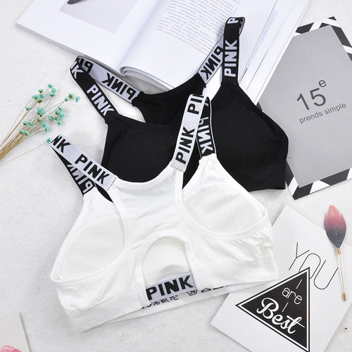 PINK English letters sling sports bra, tube top with chest pad, letters, beautiful back and chest pink underwear