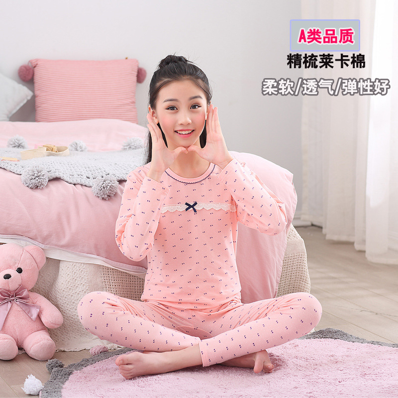 Clase A calidad delgada de la muchacha ropa interior conjunto medio y grande niños niñas lycra algodón otoño ropa pantalones largos conjunto algodón peinado