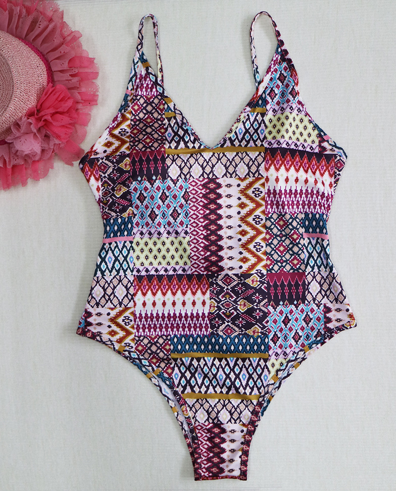 Geometric Pattern Purple Deep V One Piece Swimsuit Sexy Design Beachwear Comfortable Fit Wholesale Available