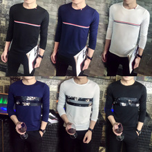 BY18新款男式长袖T恤 秋季休闲修身t恤 青少年打底衫男装一件代发