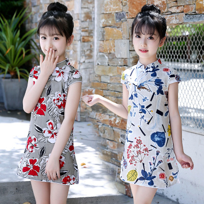 Summer girls flroal qipao chinese short-sleeved cheongsam cotton linen floral dress cheongsam embroidered folk wind restoring ancient ways tang suit for baby