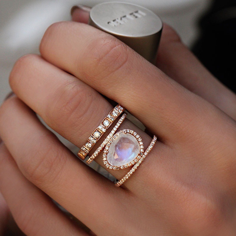 Novelty Style Rose Gold, Gold, Silver Color New Irregular Moonstone Ring 14k Rose Gold Plated Micro-set Finger Ring