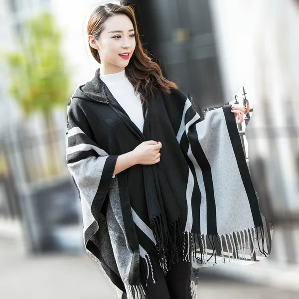 Tonglu Autumn and Winter Women's Cape Shawl Hooded Warm Tassel Slit Shawl Dual-Use Imitation Cashmere Scarf Shawl