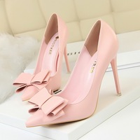 9511-18 Korean version, sweet and fashionable high heels, thin with high heels, thin, shallow, pointed, and bow shoes.