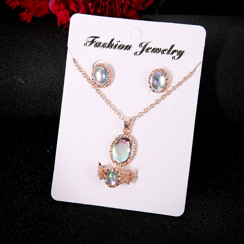 Dazzling gemstone trendy jewelry combination set, fashionable European and American new necklace, earrings, ring set wholesale