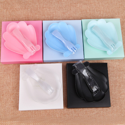 一次性塑料蛋糕餐具5盘5叉 创意贝壳生日蛋糕刀叉盘套装厂家直供|ru