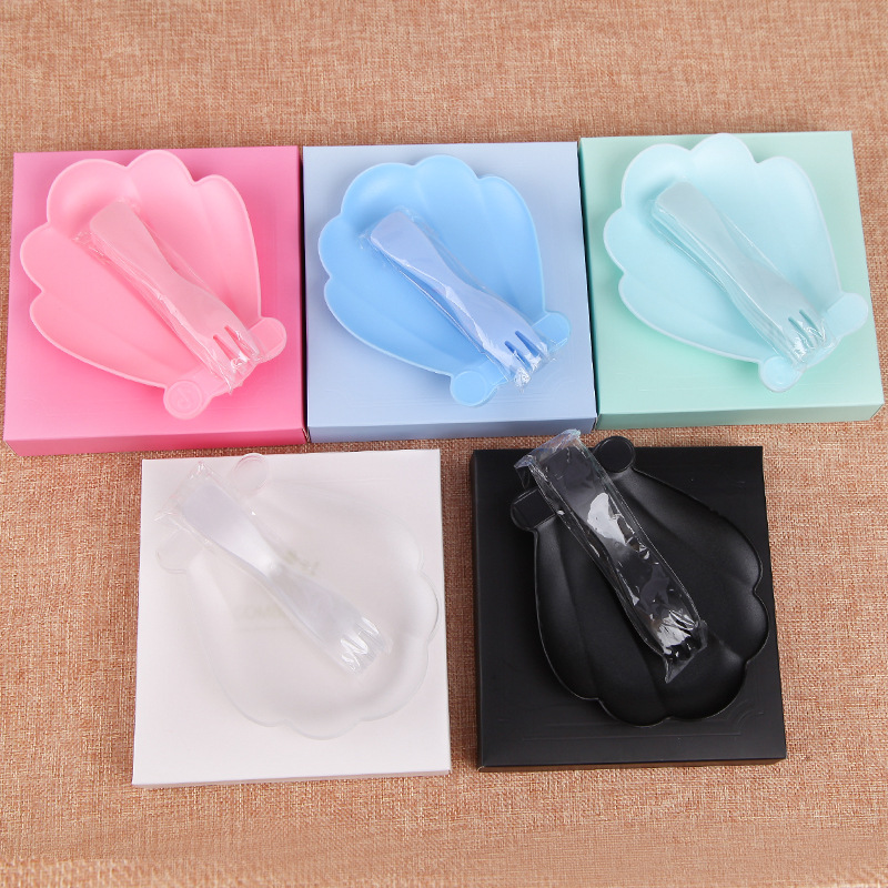 一次性塑料蛋糕餐具5盘5叉 创意贝壳生日蛋糕刀叉盘套装厂家直供|ru