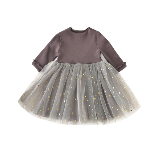 Yueji Clothing Girls' New Princess Dress Korean Style Children's Pentagram Star Mesh Long Sleeve Dress