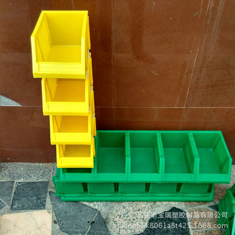 黄色塑料斜口零件盒 组立背挂式元件盒 销往东莞长安堆垛整理箱