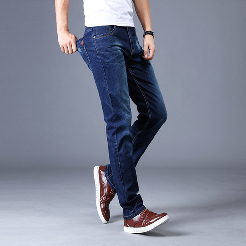 Trendy five-pocket jeans for men, slim fit, regular men's jeans, small straight elastic trousers, low price washable