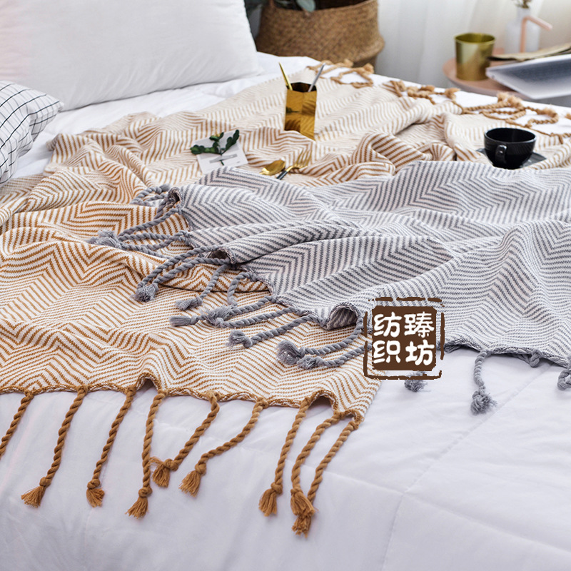 北欧风格人字纹流苏全棉针织毯子家居搭配盖毯空调毯膝盖毯
