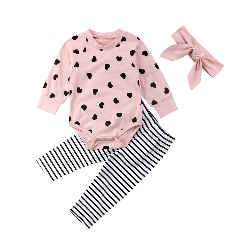 Baby Long Sleeve Love Print Harness Stripe Trousers Hairband Set Pink Three-piece Kids display picture 5