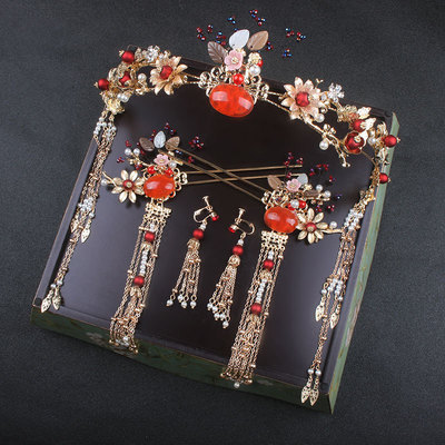中式新娘頭飾金色秀禾服古裝頭飾龍鳳褂鳳冠流蘇耳環婚禮結婚配飾