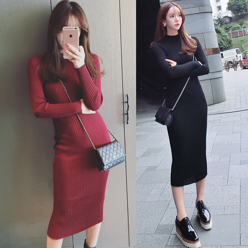 Sweater Dress 2025 Cross-Border Spring and Autumn New Style Mid-Length Trendy Elegant High-Neck Ribbed Cotton Dress