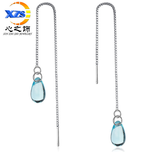 Earrings for Women - Korean Style Fashion, Mori-kei Blue Crystal Teardrop Earrings - Elegant Long Earrings