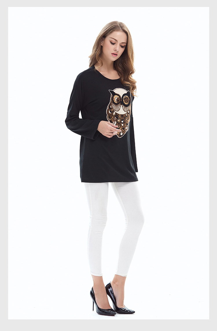 round neck bat sleeve owl sequined top NSJR17181