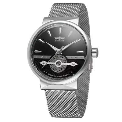 Winner-162G hombres de negocios reloj mecánico automático casual correa de acero máquina transparente inferior reloj mecánico