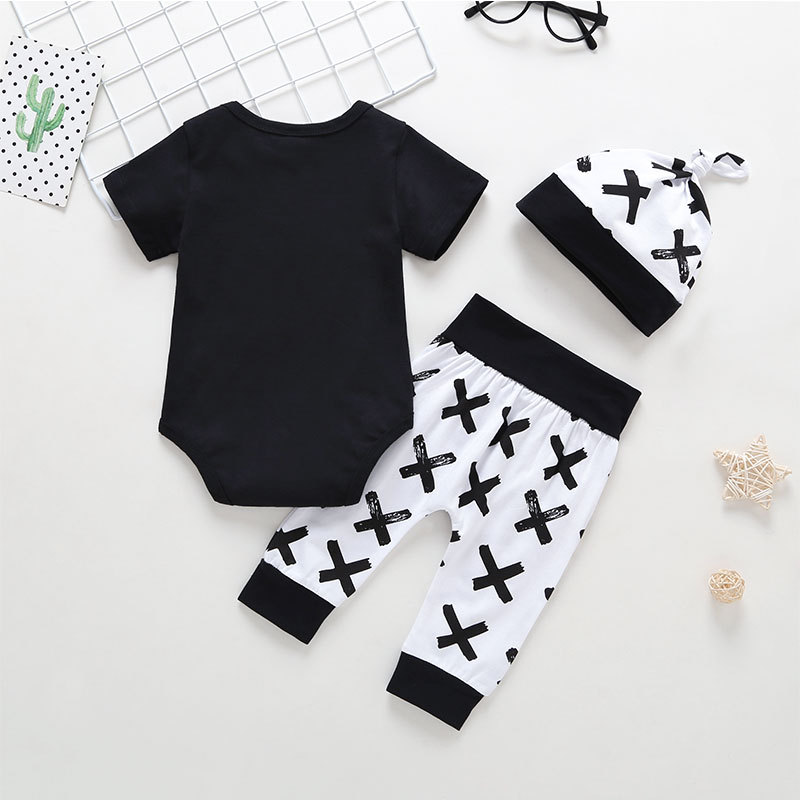 Children's Clothing Baby Long-sleeved Romper Black X Pattern Trousers Three-piece Suit display picture 2