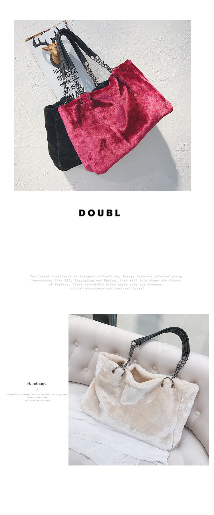 331g Weight Polyester Lining Material Zipper Closure Type Plush Material Solid Color Pattern Vintage Style Style Square Shape Grey, White, Red, Black Color Large Size New Plush   Fashion Plush Big  Shoulder Bags 4
