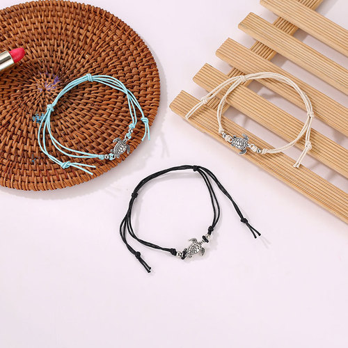 European and American cross-border new retro hemp rope turtle anklets hand-woven ancient silver turtle beach anklets wholesale