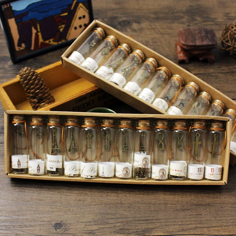 一盒12隻懷舊復古木塞許願瓶迷你玻璃工藝品小型創意學生生日禮物