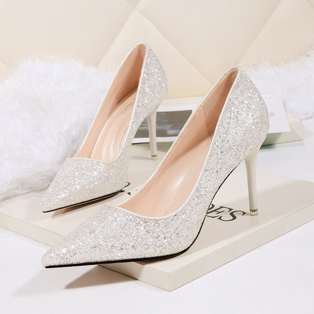 sexy pointed high-heeled shoes sequins fine-heeled wedding shoes 