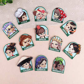 缤燕电脑绣花章高端手工烧边环保材料款可爱各国代表女孩人像布贴