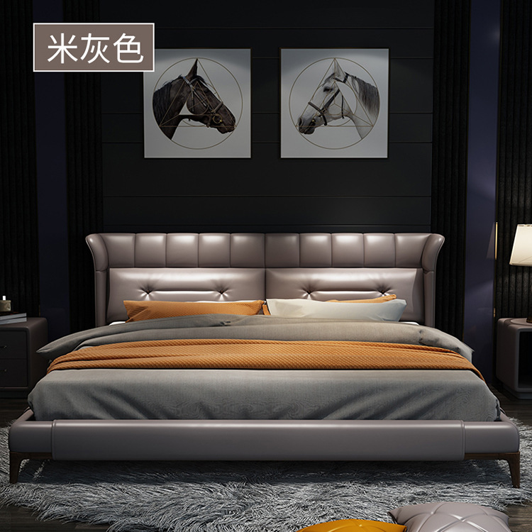 工厂直销闪电发货真皮床头层牛皮北欧主卧婚床双人1.8米实木1.5创|ru