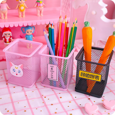 lovely Metal Hollow grid pen container student Supplies originality Acrylic Patch desktop Cartoon stationery Storage