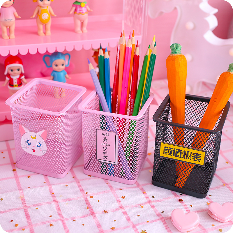 lovely Metal Hollow grid pen container student Supplies originality Acrylic Patch desktop Cartoon stationery Storage