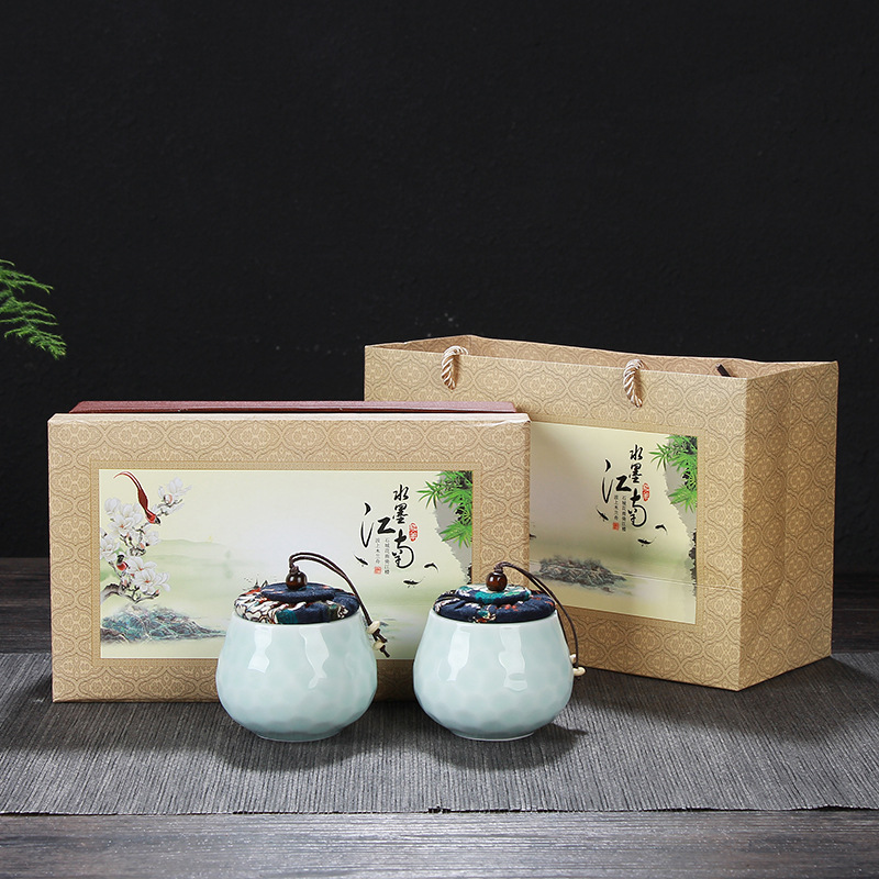 陶瓷茶叶罐礼盒 小罐菊花茶包装礼盒 水墨画礼品盒套装