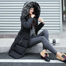 2021冬季新款韩版连帽修身大毛领中长女士棉衣加厚外套一件代发