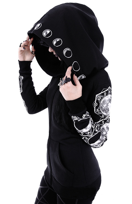 Punk Peng Hooded Moon Print Black Long Sleeve Sweatshirt_voghion.com