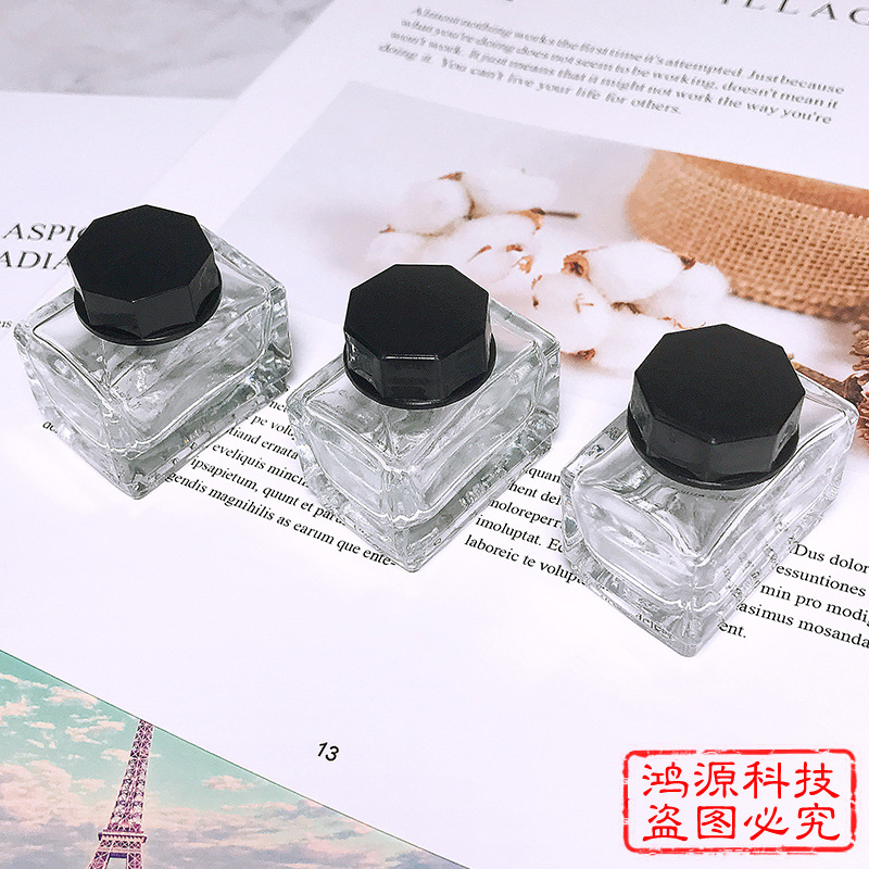批发现货玻璃透明墨水瓶15ml  扁方形彩墨分装瓶 金粉样品瓶