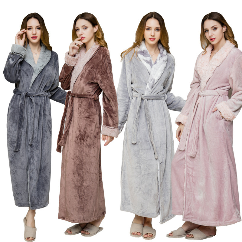Factory direct 2021 new winter flannel warm nightgown imitation fur collar thickened long bathrobe female couple