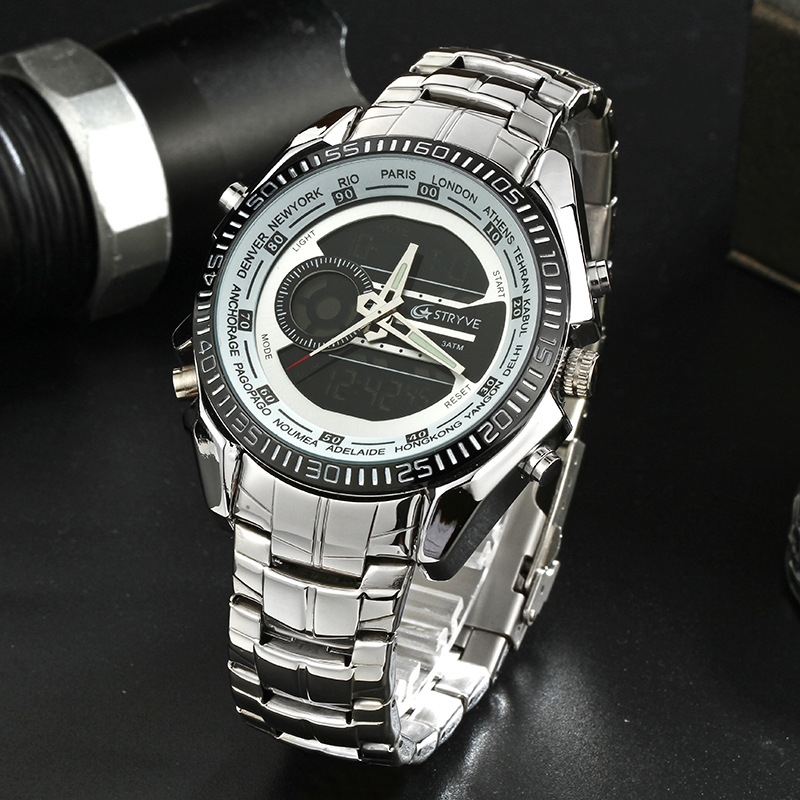 STRYV S8016 moda de acero inoxidable reloj electrónico impermeable reloj de negocios reloj multifuncional para hombres