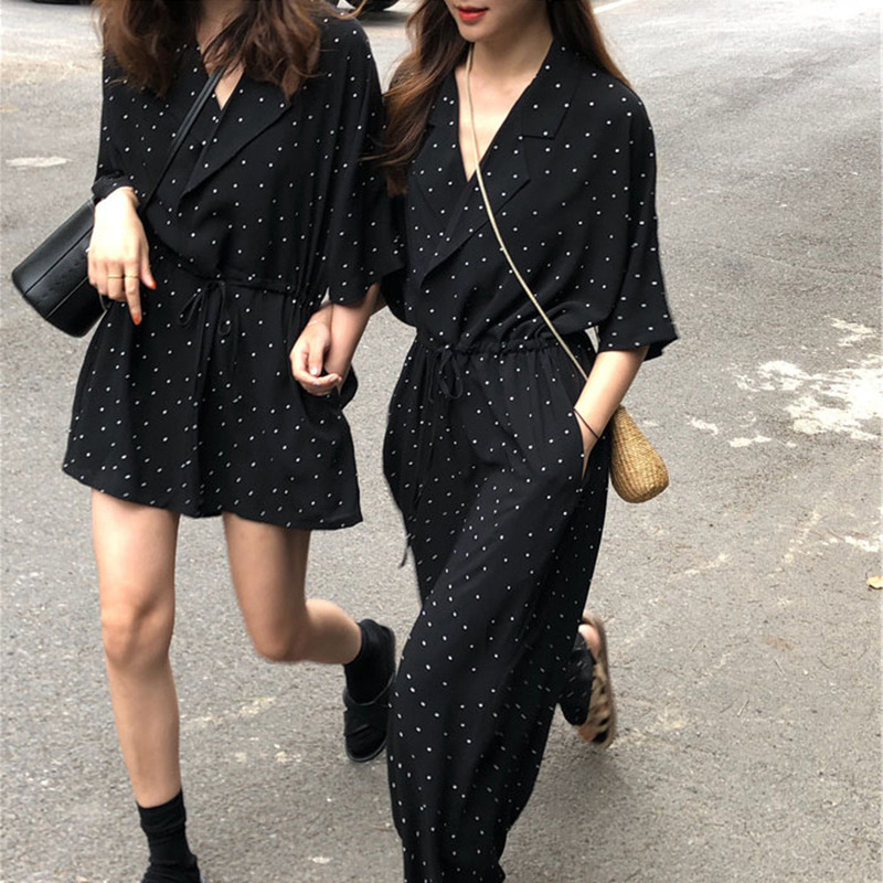 HG Heige Wave black Easy Waist Jumpsuits Chiffon Broad leg shorts 2021 New summer spring