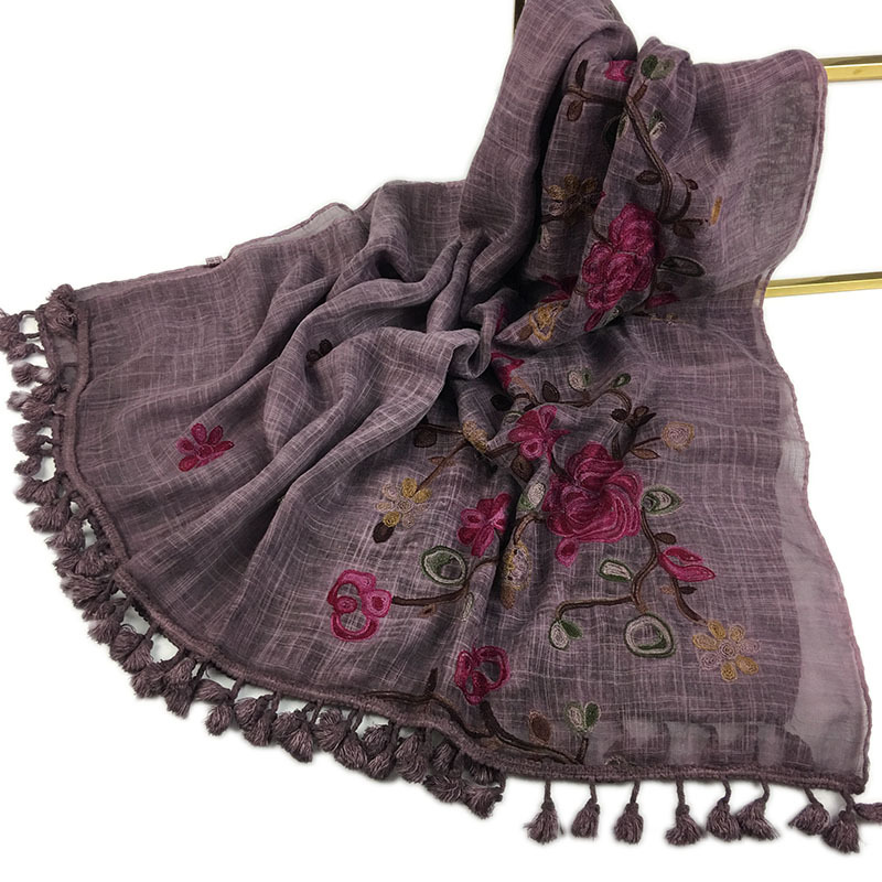 Women's Simple Style Leaves Solid Color Flower Cotton And Linen Embroidery Tassel Scarf Shawl display picture 3