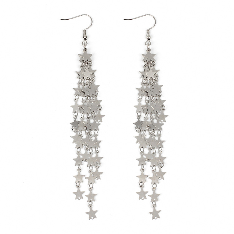 6g Weight No Inlaid Inlay Material Earrings Classification Wedding, Travel Occasion Metal Material Star Pattern Women'S Gender Plating Design Gold, Silver Color Hot-selling Fashion New Beautiful Fairy Five-pointed Star Tassels Earrings 18
