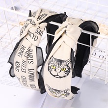 韓版時尚新品發箍網紗拼接復古貓頭字母中間結織帶頭箍女發卡B967