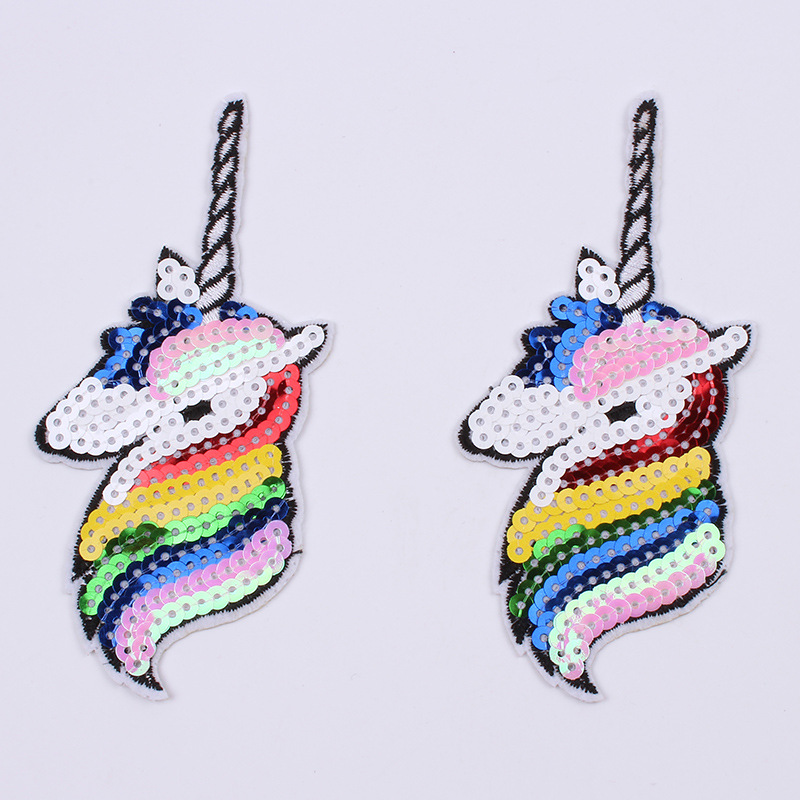 珠片绣大独角兽布贴 亮片卡通个性贴花 刺绣背胶衣服补丁补洞贴