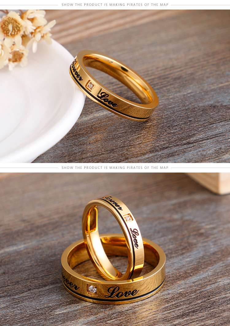 Foreign Trade Titanium Steel 18k Real Gold Fashion English Eternal Love Zircon Couple Ring display picture 7