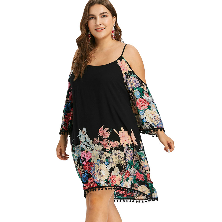 夏季歐美plus size胖mm外貿爆款大碼女裝 寬松吊帶露肩印花連衣裙